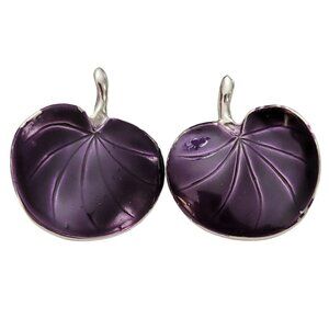 Pastelli Silver Tone Purple Enamel Lotus Water Lily Leaf Clip-On Earrings, K242